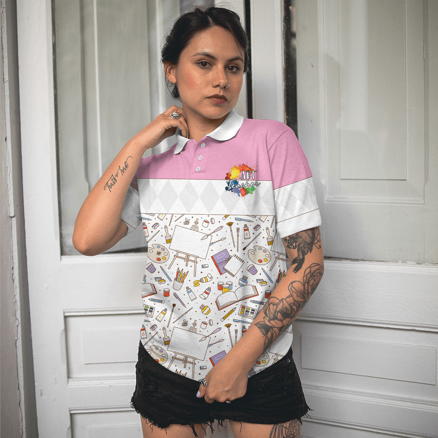 Art Teacher Women Polo Shirt, Pink Art Design Shirt For Women - Best Gift For Ladies, Art Teacher, Teacher Lovers - Amzanimalsgift