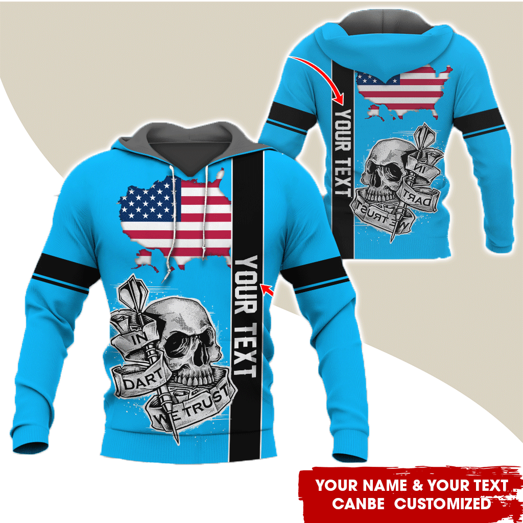 Customized Name & Text Darts Skull Premium Hoodie, In Darts We Trust Skull & American Map Pattern Hoodie, Perfect Gift For Darts Lovers, Friend, Family
