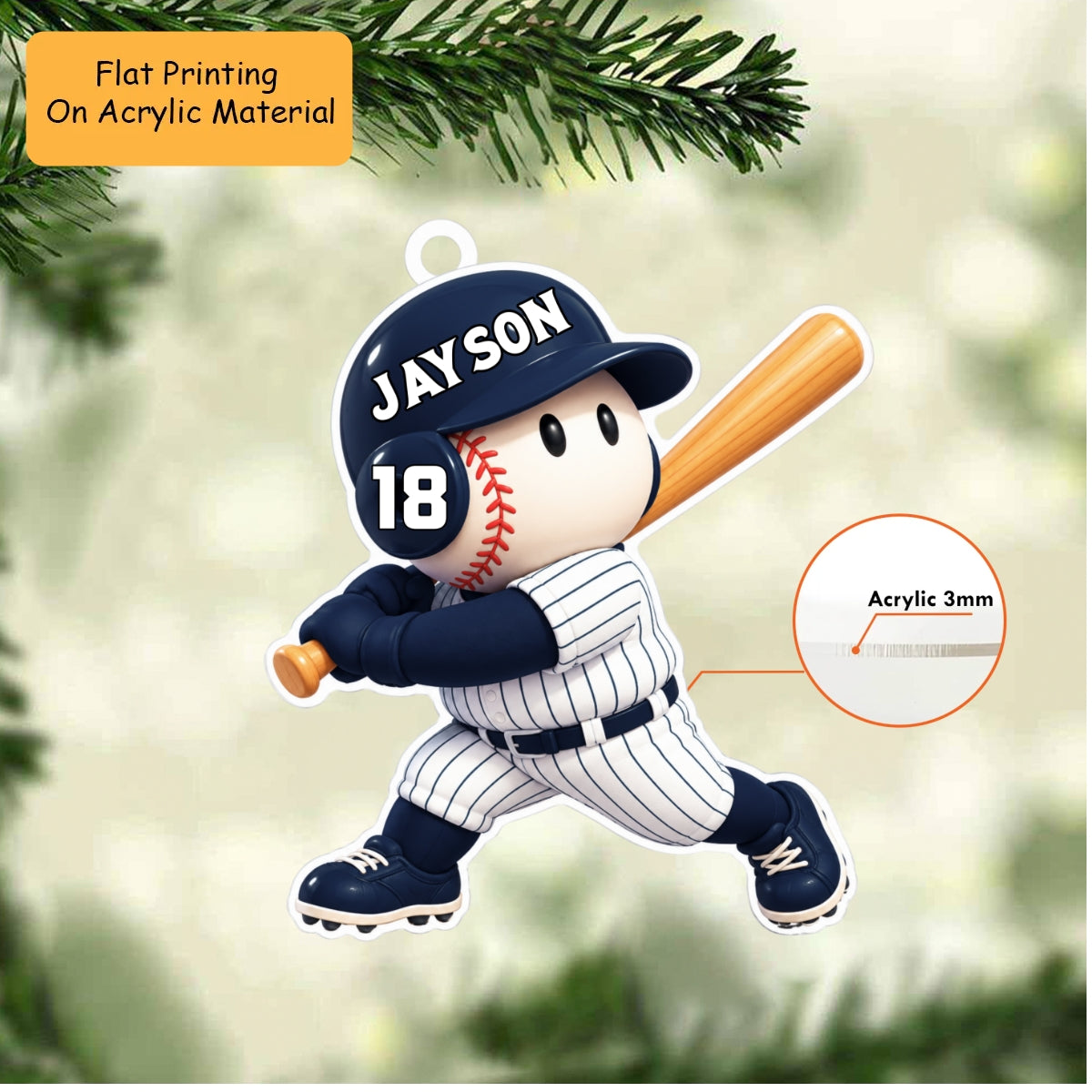 Personalized Baseball Christmas Flat Printed Acrylic Ornament, Baseball Mascot Player, Custom Ornament Christmas Gift, Keychain Baseball, Car Ornament Baseball