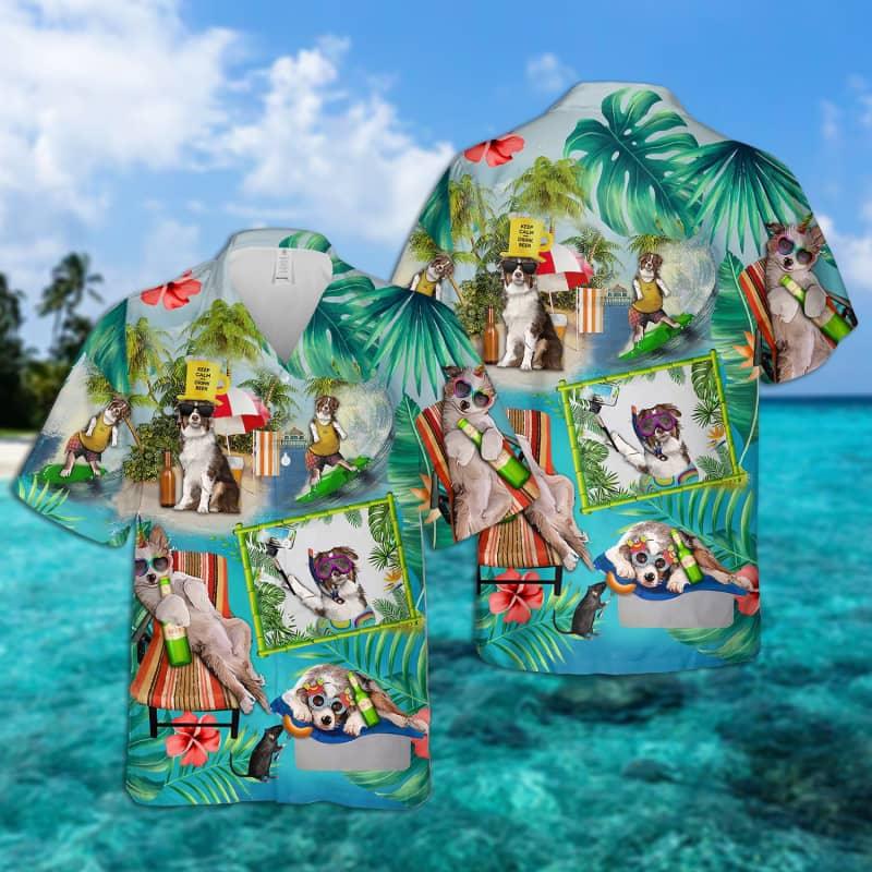 Australian Shepherd Hawaiian Shirt, Dog Surfing Hawaiian Shirt - Perfect Gift For Australian Shepherd Lovers, Husband, Boyfriend, Friend, Family - Amzanimalsgift