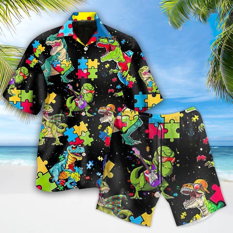 Autism Dinosaur Aloha Hawaiian Shirt - Puzzle Hawaiian Shirt, Dinosaur Black Style Hawaiian Shirt For Men & Women, Dinosaur Lover - Amzanimalsgift