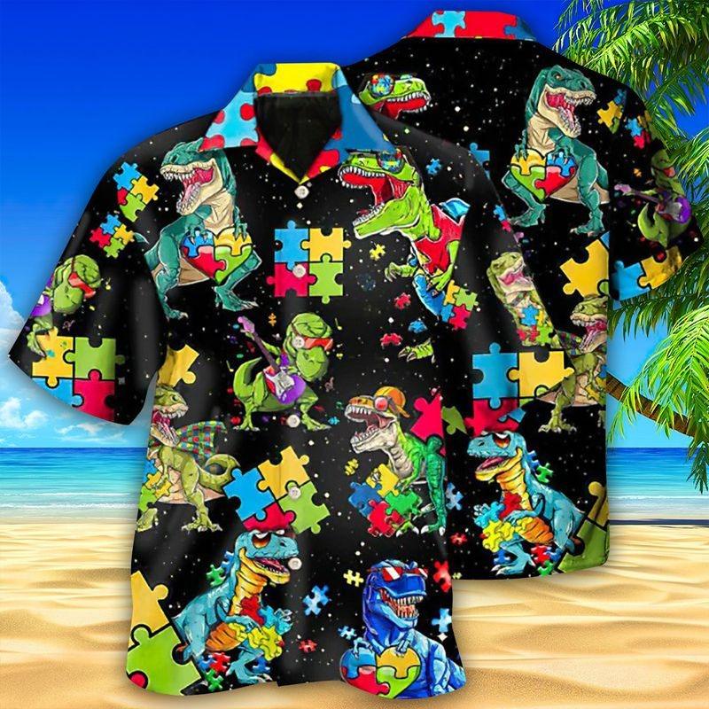 Autism Dinosaur Aloha Hawaiian Shirt - Puzzle Hawaiian Shirt, Dinosaur Black Style Hawaiian Shirt For Men & Women, Dinosaur Lover - Amzanimalsgift