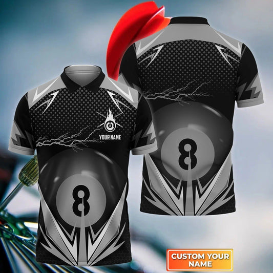 Billiards Customized Name Men Polo Shirt, Personalized Thunder 8 Ball Pool Billiards Polo Shirts, Gift For Men, Billiard Lovers, Billiard Players