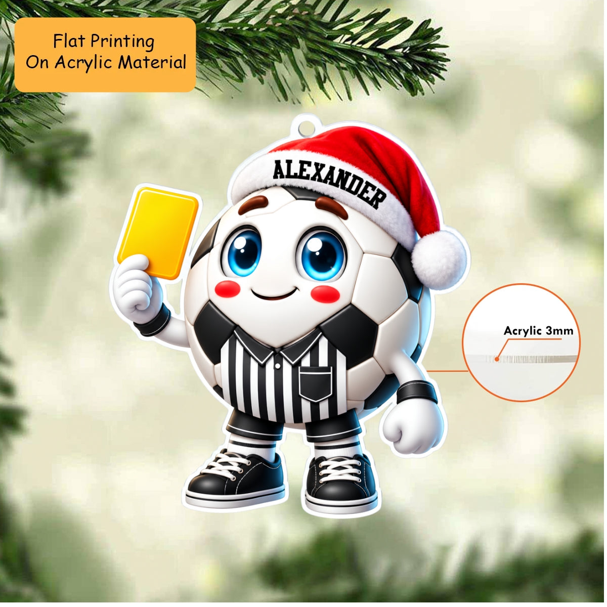 Personalized Soccer Christmas Ornament, Referee Soccer Ball Yellow Card, Custom Ornament Christmas Gift, Keychain Soccer, Car Ornament Soccer