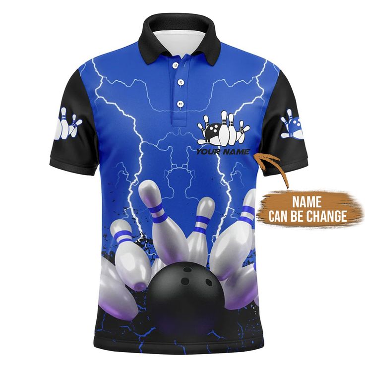 Bowling Custom Men Polo Shirt - Custom Name Blue Lightning Mens Polo Bowling Personalized Bowling Polo Shirt - Perfect Gift For Friend, Family
