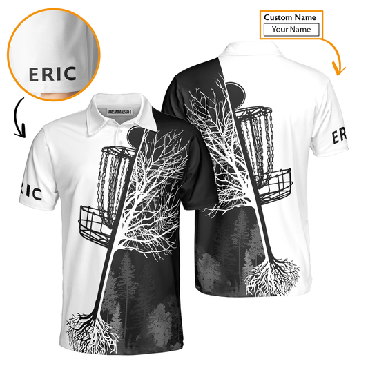 Men's Disc Golf Polo Shirts, Custom Name Black And White Disc Golf Basket Apparel - Personalized Gift For Men, Husband, Boyfriend, Lovers