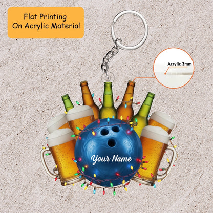 Personalized Bowling and Beer Ornament, Custom Bowling Christmas Gift, Keychain Bowling, Car Ornament Bowling