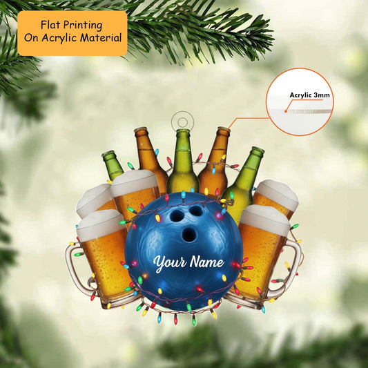Personalized Bowling and Beer Ornament, Custom Bowling Christmas Gift, Keychain Bowling, Car Ornament Bowling
