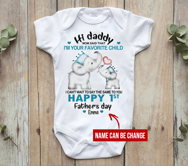 Baby Elephant Personalized Baby Onesie - For Newborn Baby Happy First Father's Day Old & Baby Elephant With Crown Custom Name - Perfect Gift For Baby, Baby Gift Onesie - Amzanimalsgift