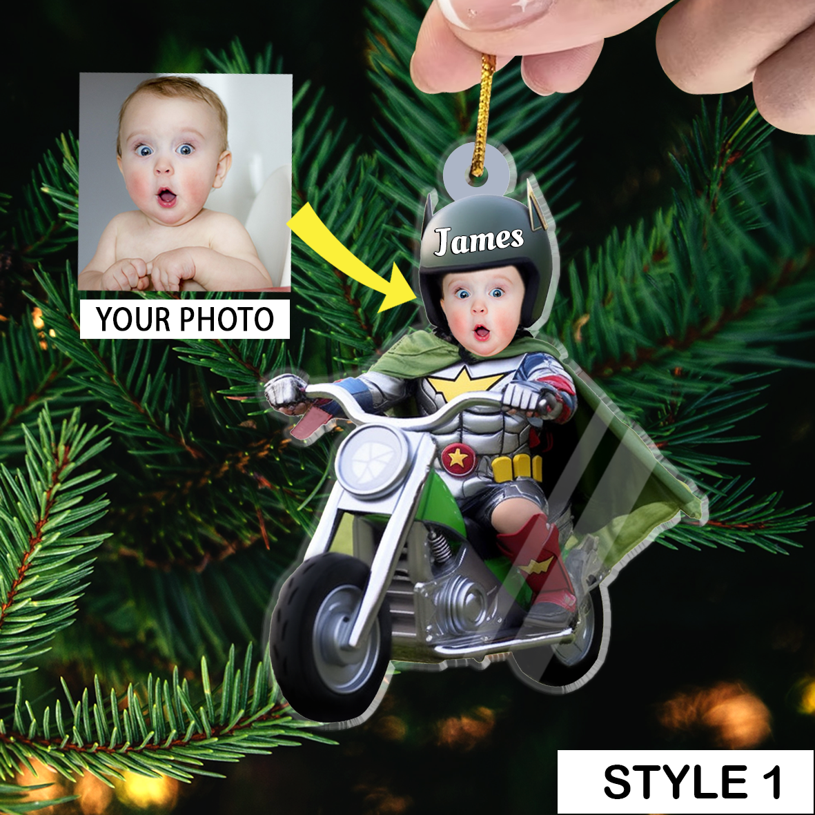 Baby Motorbike Christmas Ornaments With Customized Name And Face, Custom Shape Acrylic Ornaments Gifts For Son, Grandson