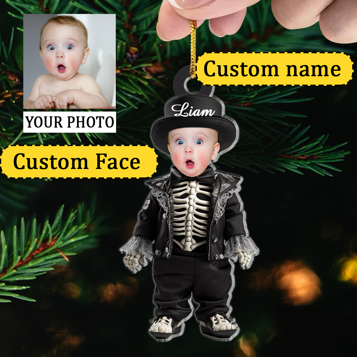 Baby Skeleton Christmas Ornaments With Customized Name And Face, Custom Shape Acrylic Ornaments Halloween New Years Gifts