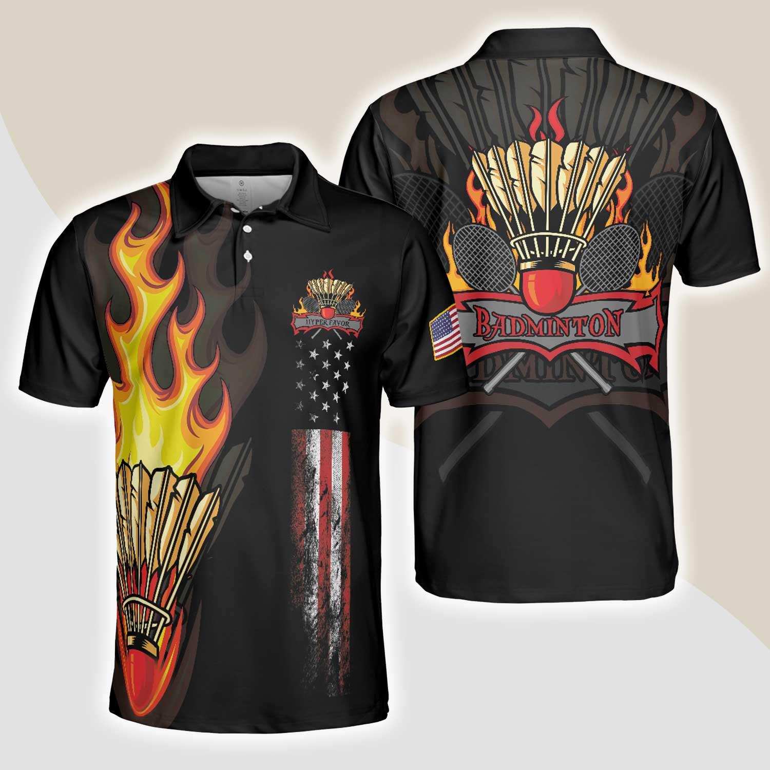 Badminton Men Polo Shirt - Badminton Flame Men Polo Shirts - Gift For Badminton Players - Black Theme American Flag Badminton Men Polo Shirt - Amzanimalsgift