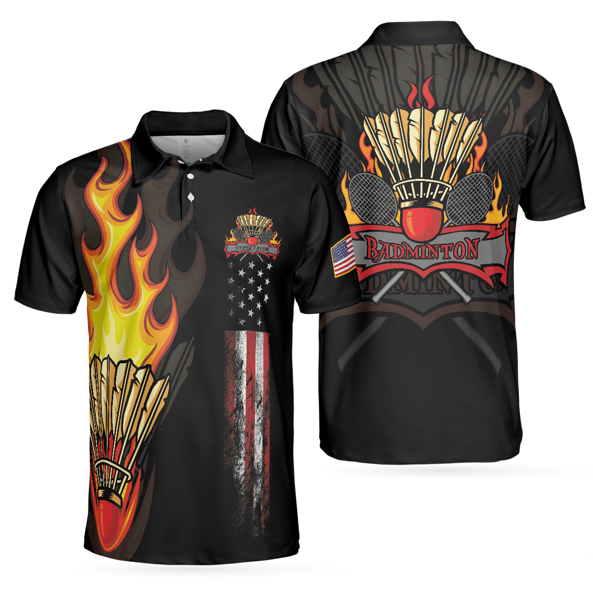 Badminton Men Polo Shirt - Badminton Flame Men Polo Shirts - Gift For Badminton Players - Black Theme American Flag Badminton Men Polo Shirt - Amzanimalsgift