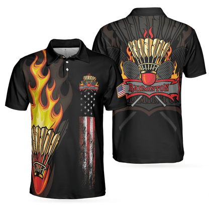 Badminton Men Polo Shirt - Badminton Flame Men Polo Shirts - Gift For Badminton Players - Black Theme American Flag Badminton Men Polo Shirt - Amzanimalsgift