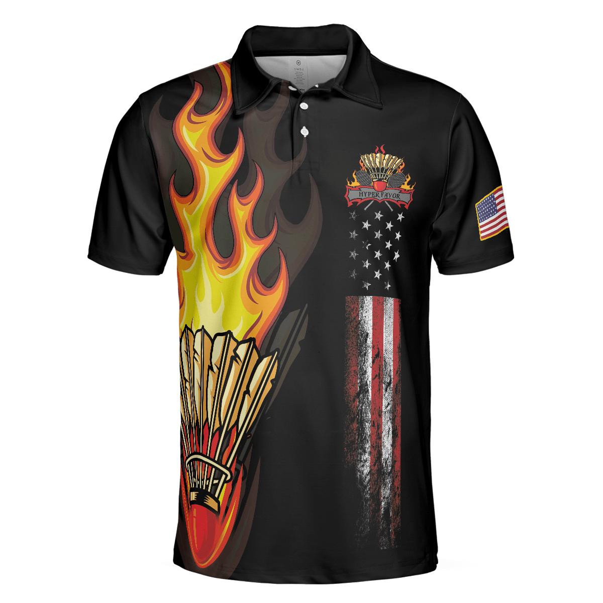 Badminton Men Polo Shirt - Badminton Flame Men Polo Shirts - Gift For Badminton Players - Black Theme American Flag Badminton Men Polo Shirt - Amzanimalsgift