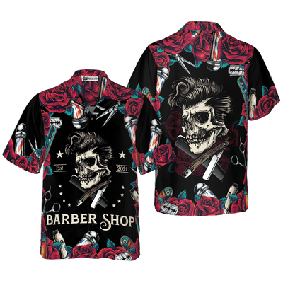 Barber Hawaiian Shirt, Rose & The Barber Skull Aloha Shirt For Men - Perfect Gift For Barber, Husband, Boyfriend, Friend, Family - Amzanimalsgift
