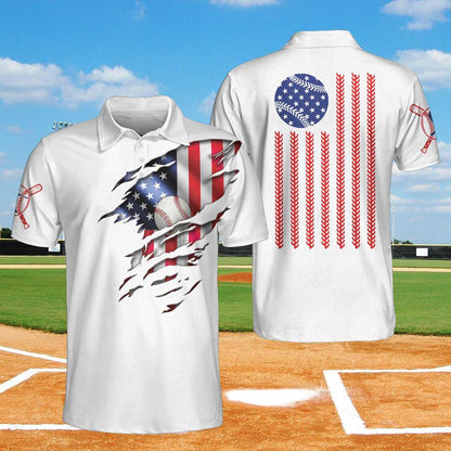 Baseball Men Polo Shirt, American Flag, White Baseball USA Flag Polo Shirt For Men - Gift For Baseball Players, Baseball Lovers - Amzanimalsgift