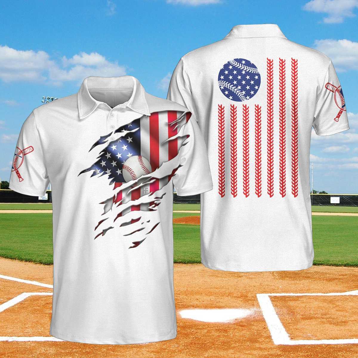 Baseball Men Polo Shirt, American Flag, White Baseball USA Flag Polo Shirt For Men - Gift For Baseball Players, Baseball Lovers - Amzanimalsgift