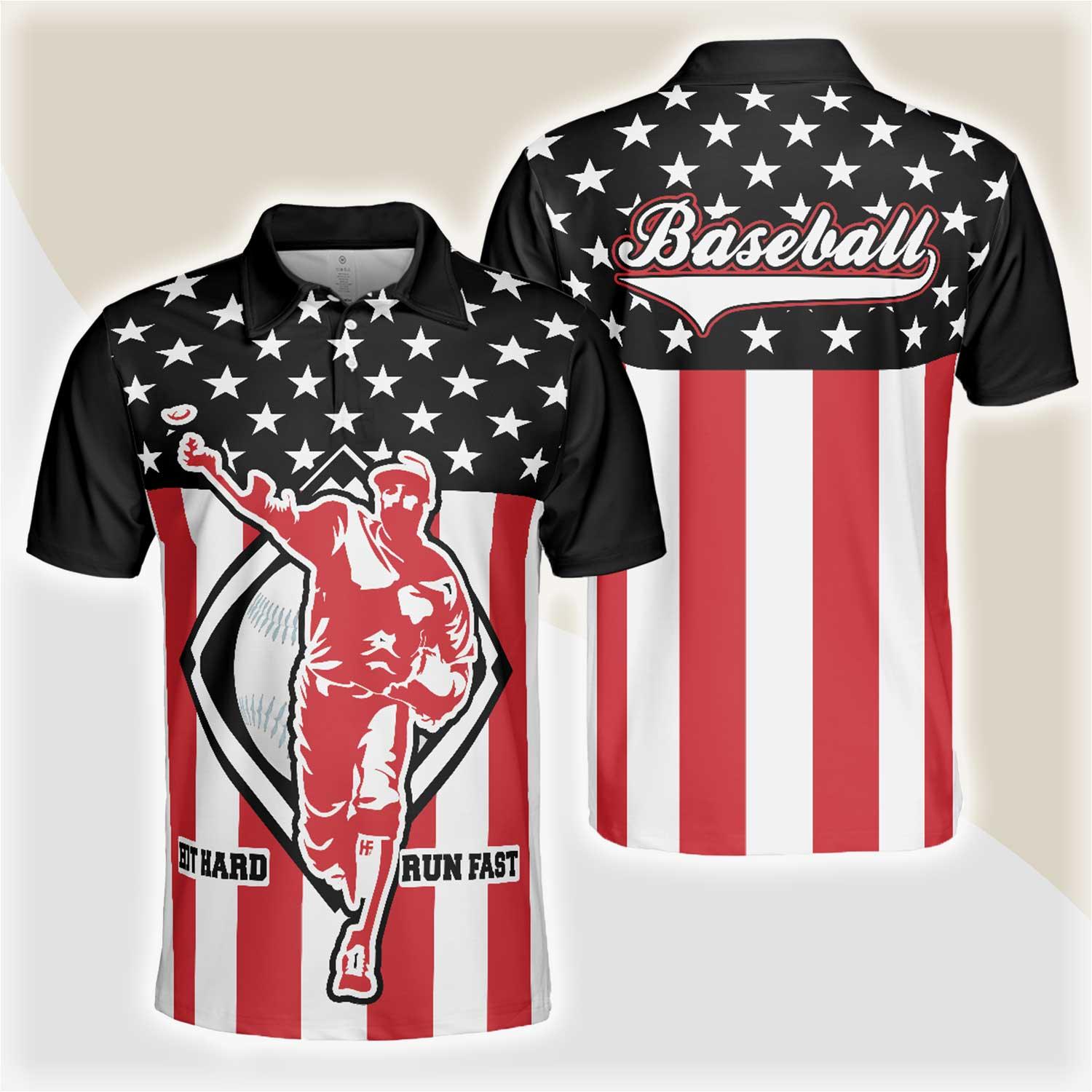 Baseball Men Polo Shirt, Baseball Hit Hard Run Fast, Black Theme American Flag Polo Shirt, Best Baseball Shirt For Men, Gift For Baseball Lovers - Amzanimalsgift