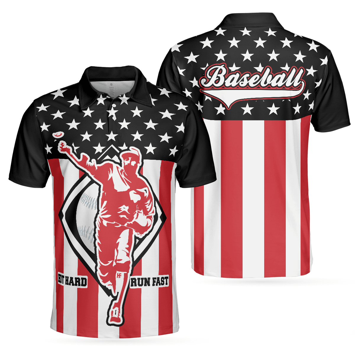 Baseball Men Polo Shirt, Baseball Hit Hard Run Fast, Black Theme American Flag Polo Shirt, Best Baseball Shirt For Men, Gift For Baseball Lovers - Amzanimalsgift