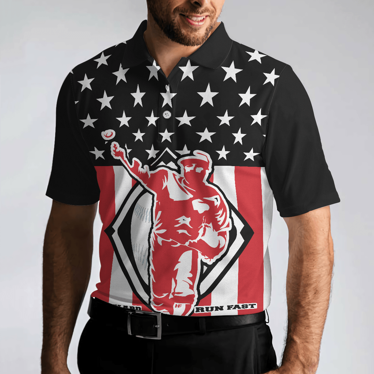 Baseball Men Polo Shirt, Baseball Hit Hard Run Fast, Black Theme American Flag Polo Shirt, Best Baseball Shirt For Men, Gift For Baseball Lovers - Amzanimalsgift