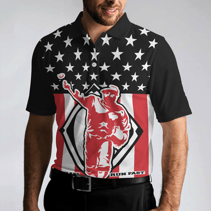 Baseball Men Polo Shirt, Baseball Hit Hard Run Fast, Black Theme American Flag Polo Shirt, Best Baseball Shirt For Men, Gift For Baseball Lovers - Amzanimalsgift