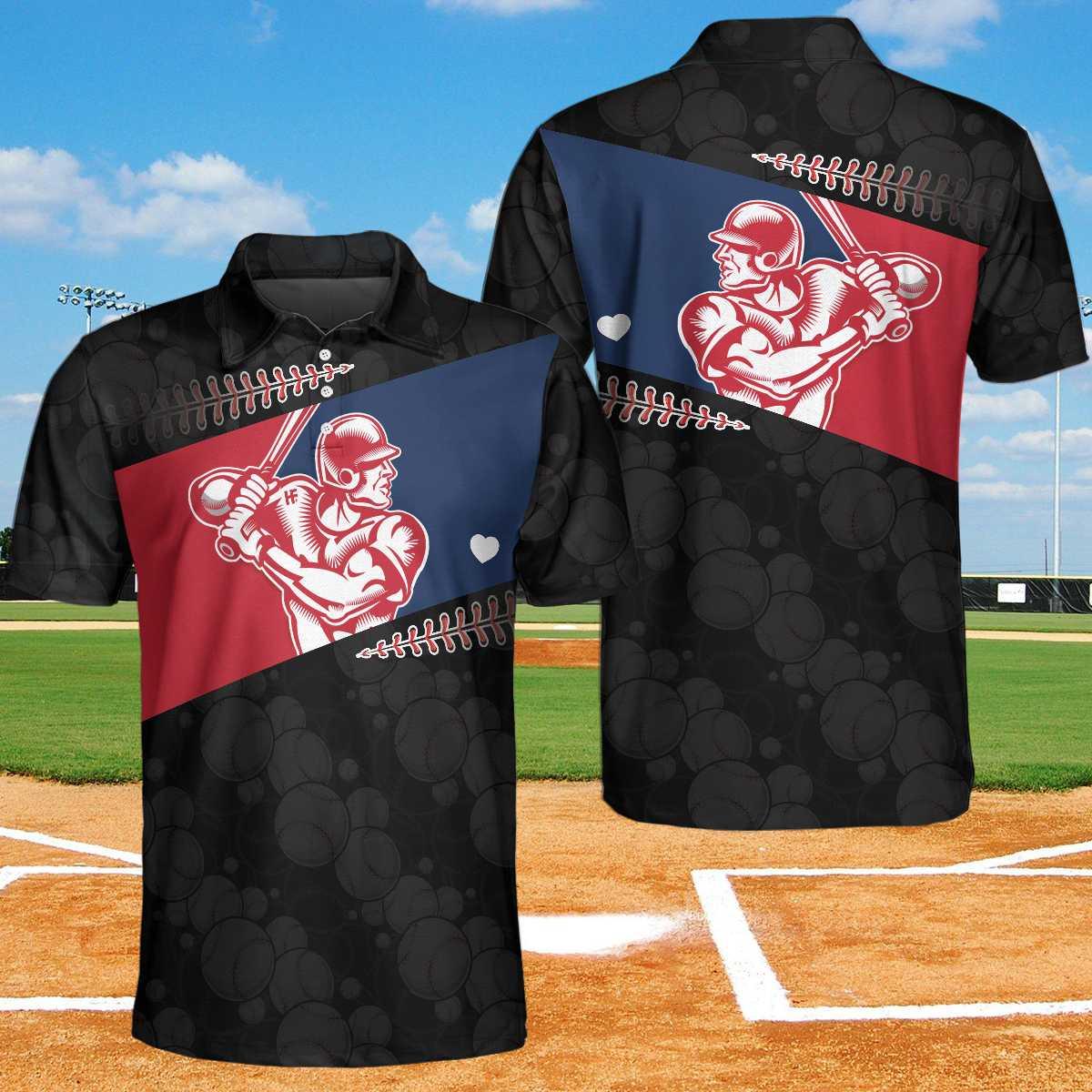 Baseball Men Polo Shirt, Baseball Player Heart, Black Theme Baseball Pattern Polo Shirt, Best Baseball Shirt For Men, Gift For Baseball Lovers - Amzanimalsgift