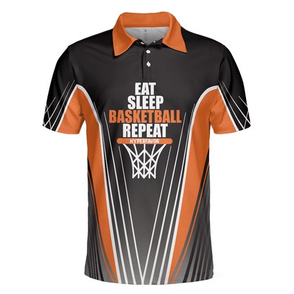 Basketball Men Polo Shirt, Basketball Players, Eat Sleep Basketball Repeat, Black And Orange Basketball Shirt For Men, Gift For Basketball Lovers - Amzanimalsgift