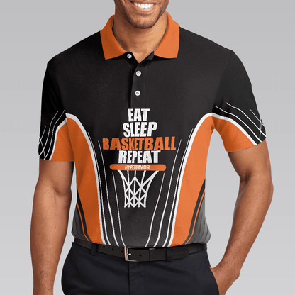 Basketball Men Polo Shirt, Basketball Players, Eat Sleep Basketball Repeat, Black And Orange Basketball Shirt For Men, Gift For Basketball Lovers - Amzanimalsgift