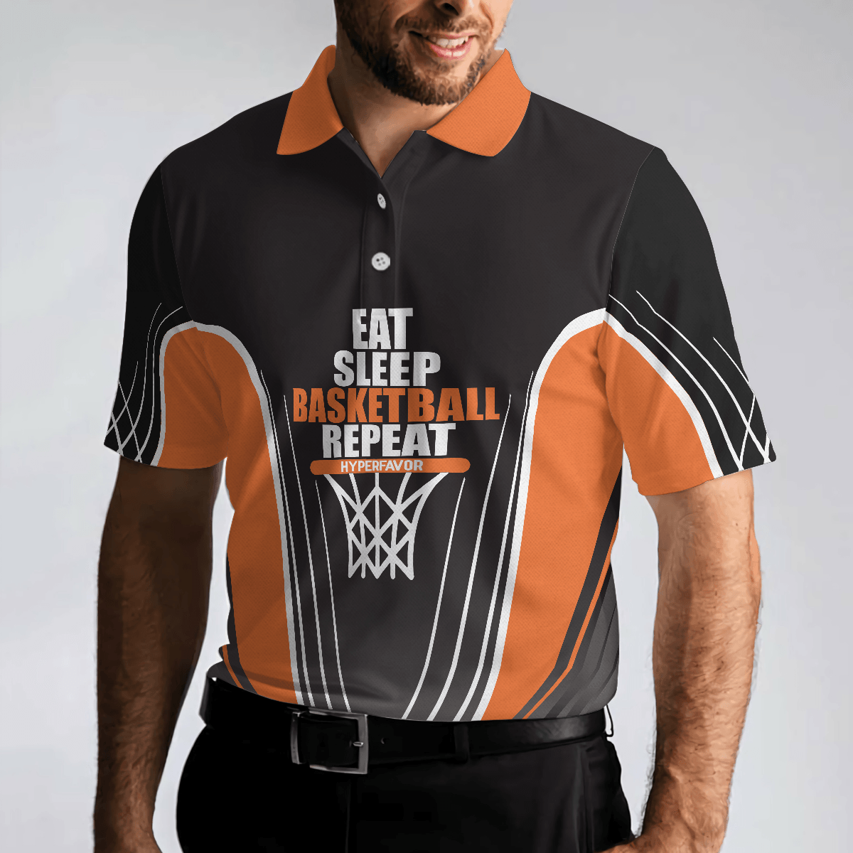 Basketball Men Polo Shirt, Basketball Players, Eat Sleep Basketball Repeat, Black And Orange Basketball Shirt For Men, Gift For Basketball Lovers - Amzanimalsgift