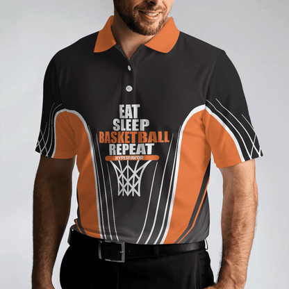 Basketball Men Polo Shirt, Basketball Players, Eat Sleep Basketball Repeat, Black And Orange Basketball Shirt For Men, Gift For Basketball Lovers - Amzanimalsgift