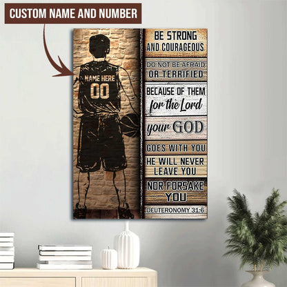 Basketball Portrait Canvas Custom Name and Number - Be Strong and Courageous Premium Wrapped Canvas - Gift For Basketball Players, Family, Friends - Amzanimalsgift