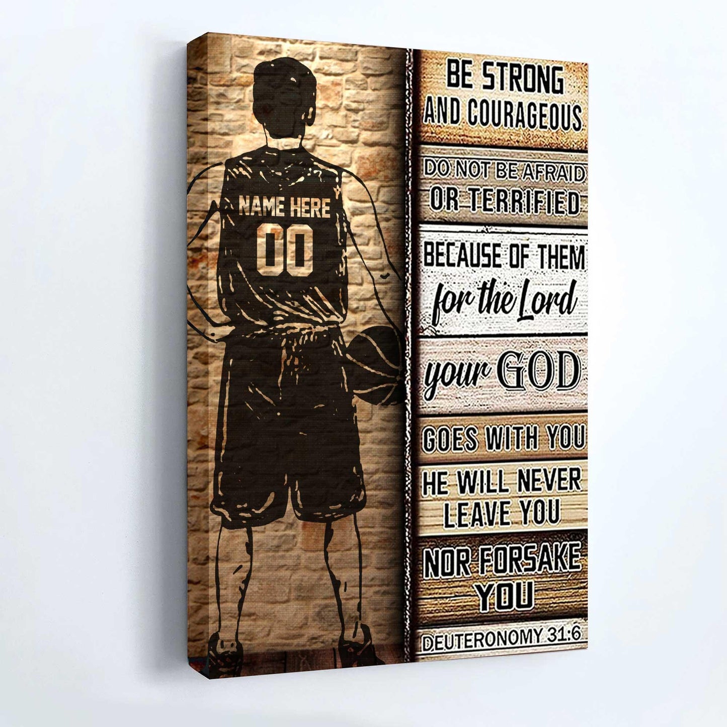 Basketball Portrait Canvas Custom Name and Number - Be Strong and Courageous Premium Wrapped Canvas - Gift For Basketball Players, Family, Friends - Amzanimalsgift