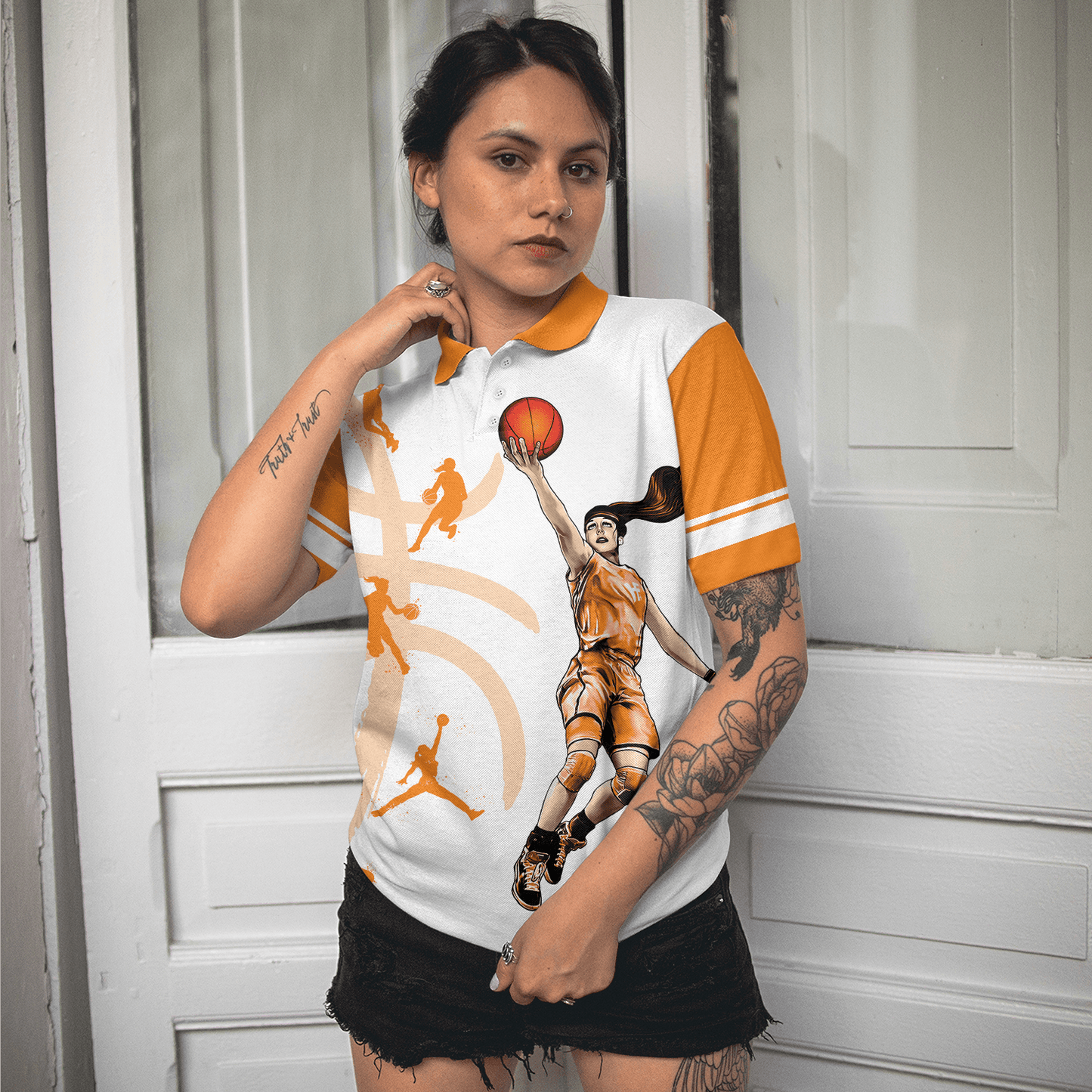 Basketball Women Polo Shirt, Anything Worth Doing Is Worth Doing With Passion Basketball White And Orange Women Polo Shirts, Gift For Ladies - Amzanimalsgift