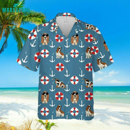 Basset Hound Dog Aloha Hawaiian Shirt - Basset Hound Dog Anchor Hawaiian Shirt, Life Vest Pattern Hawaiian Shirt For Men & Women, Dog Lover - Amzanimalsgift