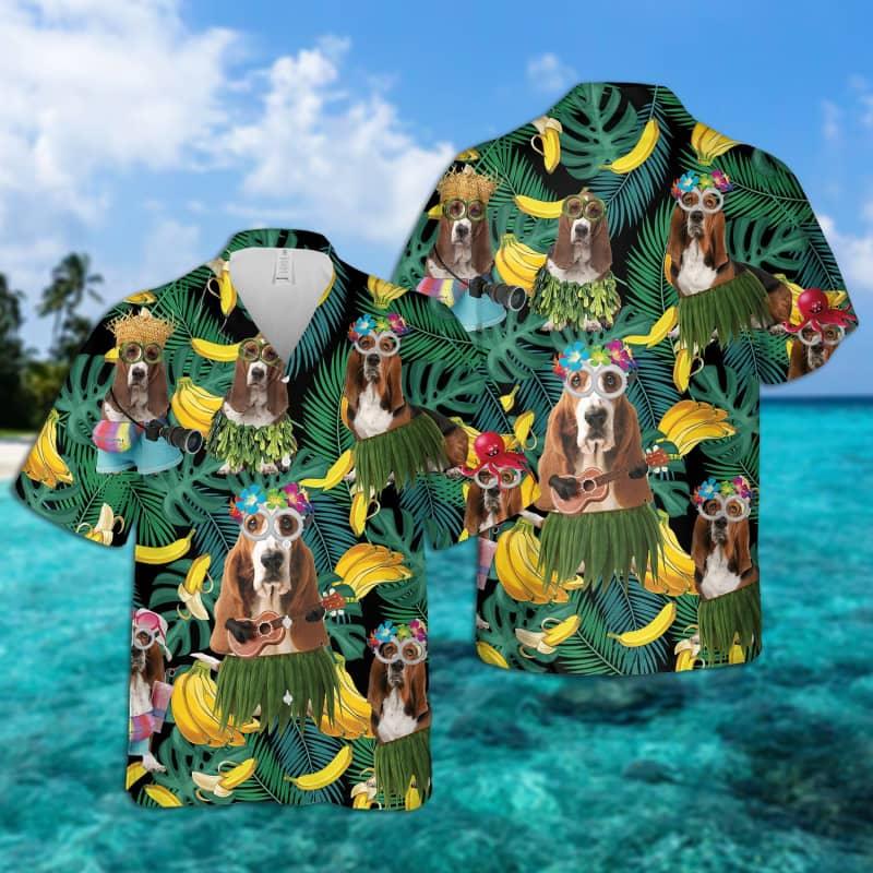 Basset Hound Hawaiian Shirt, Tropical Summer Leaves Hawaiian Shirt For Men - Perfect Gift For Basset Hound Lovers, Husband, Boyfriend, Friend, Family - Amzanimalsgift