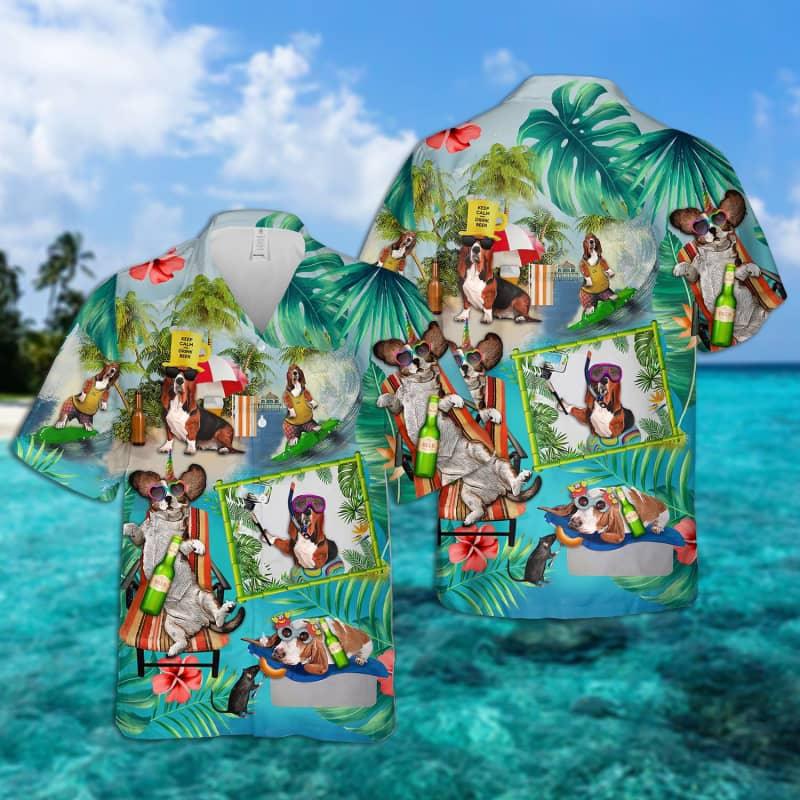 Basset Hound Hawaiian, Tropical Summer, Dog Surfing Hawaiian Shirt For Men - Perfect Gift For Basset Hound Lovers, Husband, Boyfriend, Friend, Family - Amzanimalsgift