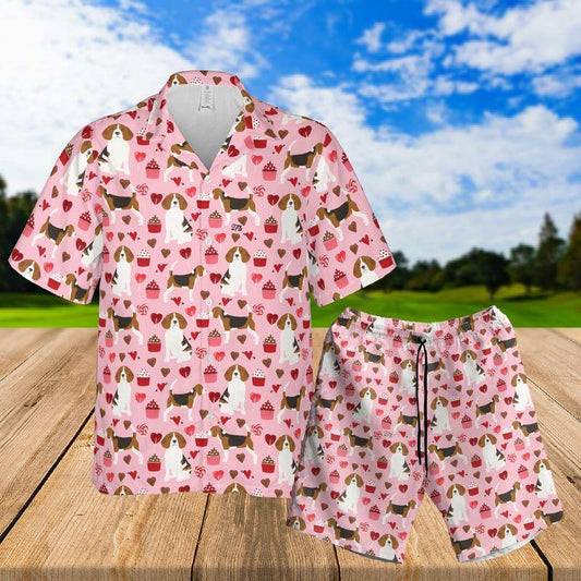 Beagle Aloha Hawaiian Shirts For Summer, Cartoon Beagle Heart Pattern Hawaiian Set For Men Women, Valentine Gift For Couple, Dog Lovers - Amzanimalsgift