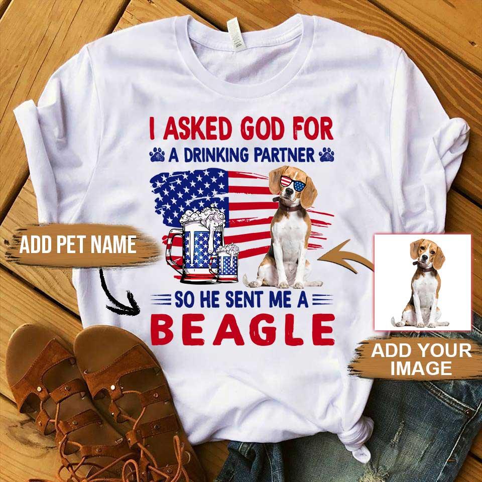 Beagle Unisex T Shirt Custom, Customize Name & Photo I Asked God For Beagle Personalized American Flag Unisex T Shirt - Gift For Dog Lovers, Family - Amzanimalsgift