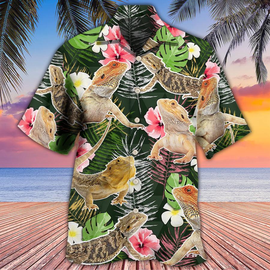 Bearded Dragon Hawaiian Shirt For Summer, Tropical Leaves, Dragon Hibiscus Pattern Hawaiian Shirts Outfit For Men Women, Bearded Dragon Lovers - Amzanimalsgift