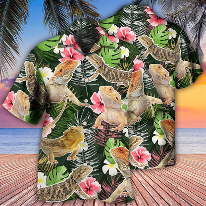 Bearded Dragon Hawaiian Shirt For Summer, Tropical Leaves, Dragon Hibiscus Pattern Hawaiian Shirts Outfit For Men Women, Bearded Dragon Lovers - Amzanimalsgift