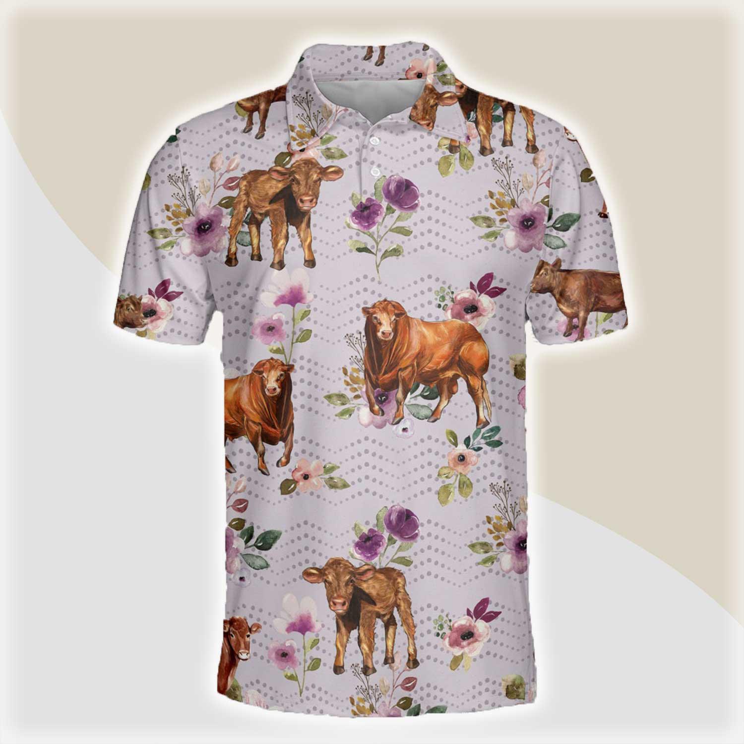 Beefmaster Men Polo Shirts - Beefmaster Autumn Amethyst Boho Floral Pattern Button Shirts For Men - Perfect Gift For Beefmaster Lovers, Cattle Lovers - Amzanimalsgift