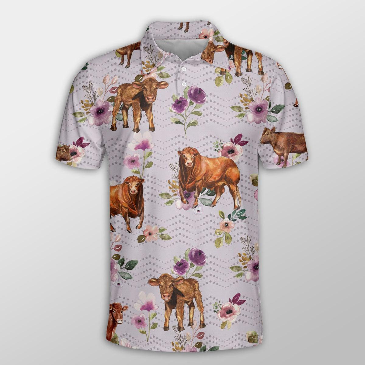 Beefmaster Men Polo Shirts - Beefmaster Autumn Amethyst Boho Floral Pattern Button Shirts For Men - Perfect Gift For Beefmaster Lovers, Cattle Lovers - Amzanimalsgift