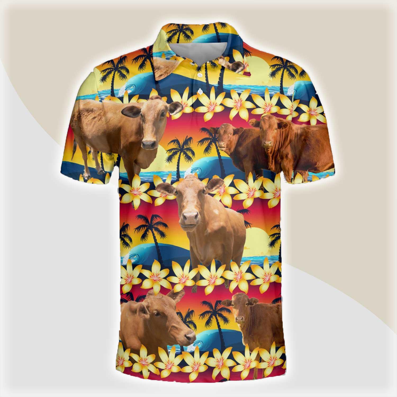 Beefmaster Men Polo Shirts - Beefmaster Beach Sunset Pattern Button Shirts For Men - Perfect Gift For Beefmaster Lovers, Cattle Lovers - Amzanimalsgift