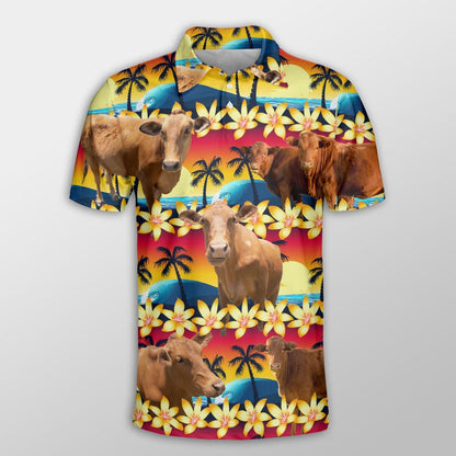 Beefmaster Men Polo Shirts - Beefmaster Beach Sunset Pattern Button Shirts For Men - Perfect Gift For Beefmaster Lovers, Cattle Lovers - Amzanimalsgift