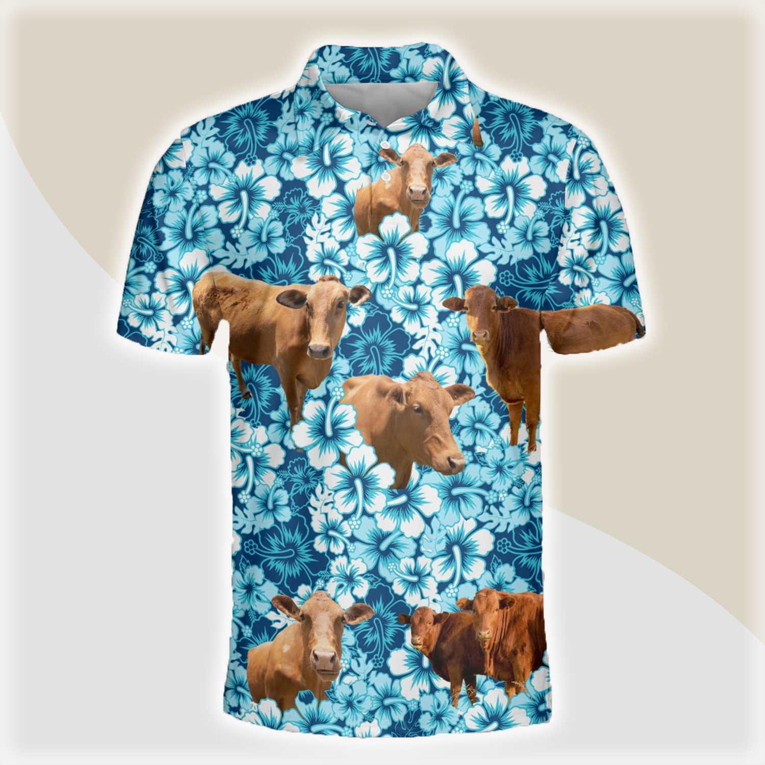 Beefmaster Men Polo Shirts - Beefmaster Blue Hibiscus Pattern Button Shirts For Men - Perfect Gift For Beefmaster Lovers, Cattle Lovers - Amzanimalsgift