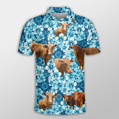 Beefmaster Men Polo Shirts - Beefmaster Blue Hibiscus Pattern Button Shirts For Men - Perfect Gift For Beefmaster Lovers, Cattle Lovers - Amzanimalsgift