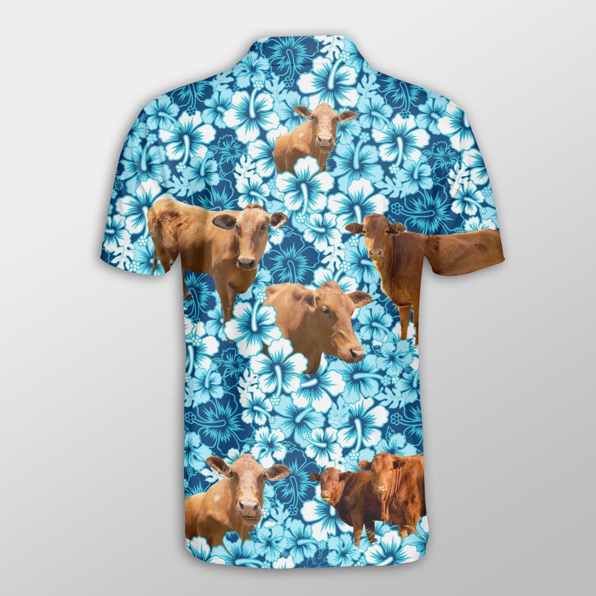 Beefmaster Men Polo Shirts - Beefmaster Blue Hibiscus Pattern Button Shirts For Men - Perfect Gift For Beefmaster Lovers, Cattle Lovers - Amzanimalsgift