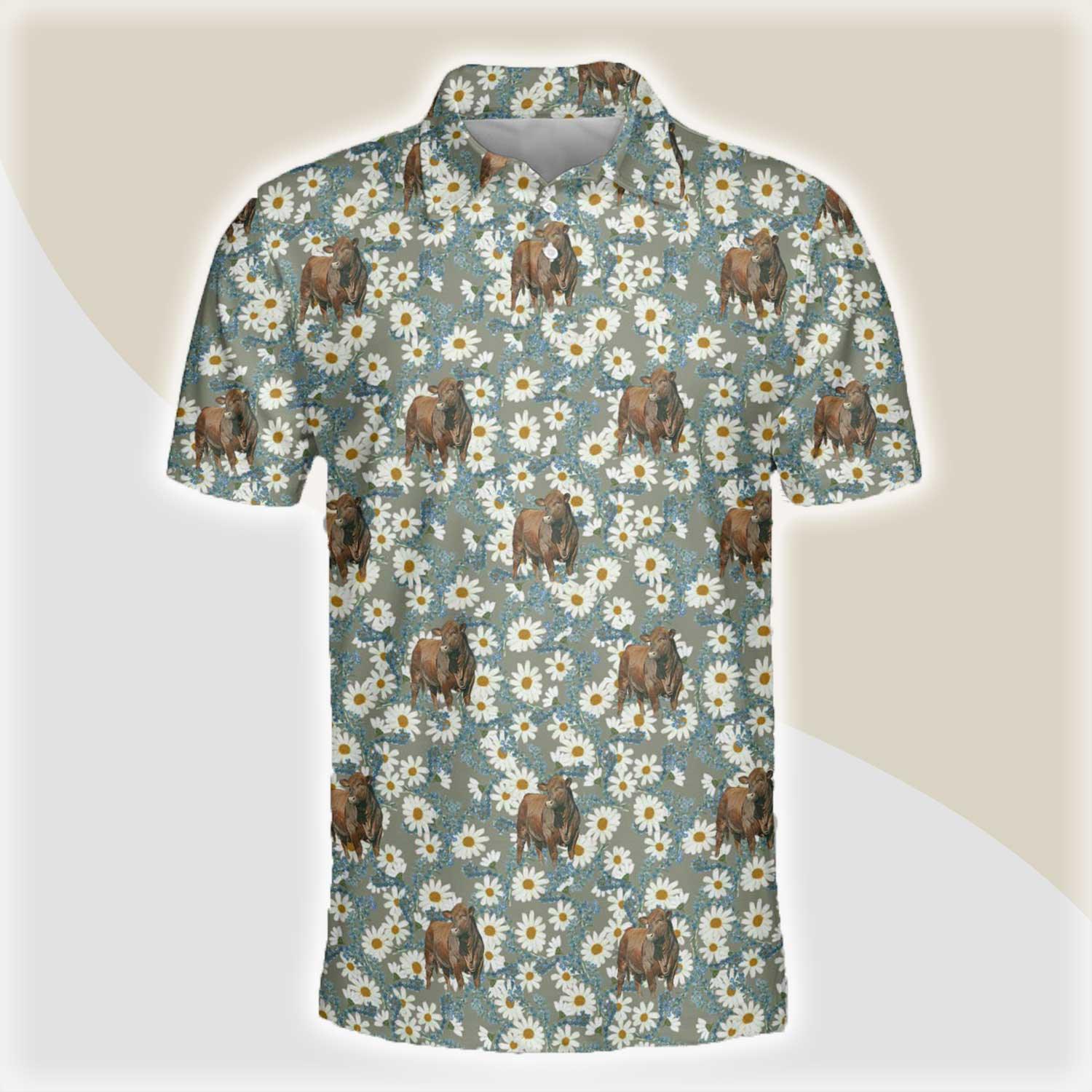 Beefmaster Men Polo Shirts - Beefmaster Camomilles Flower Grey Pattern Button Shirts For Men - Perfect Gift For Beefmaster Lovers, Cattle Lovers - Amzanimalsgift