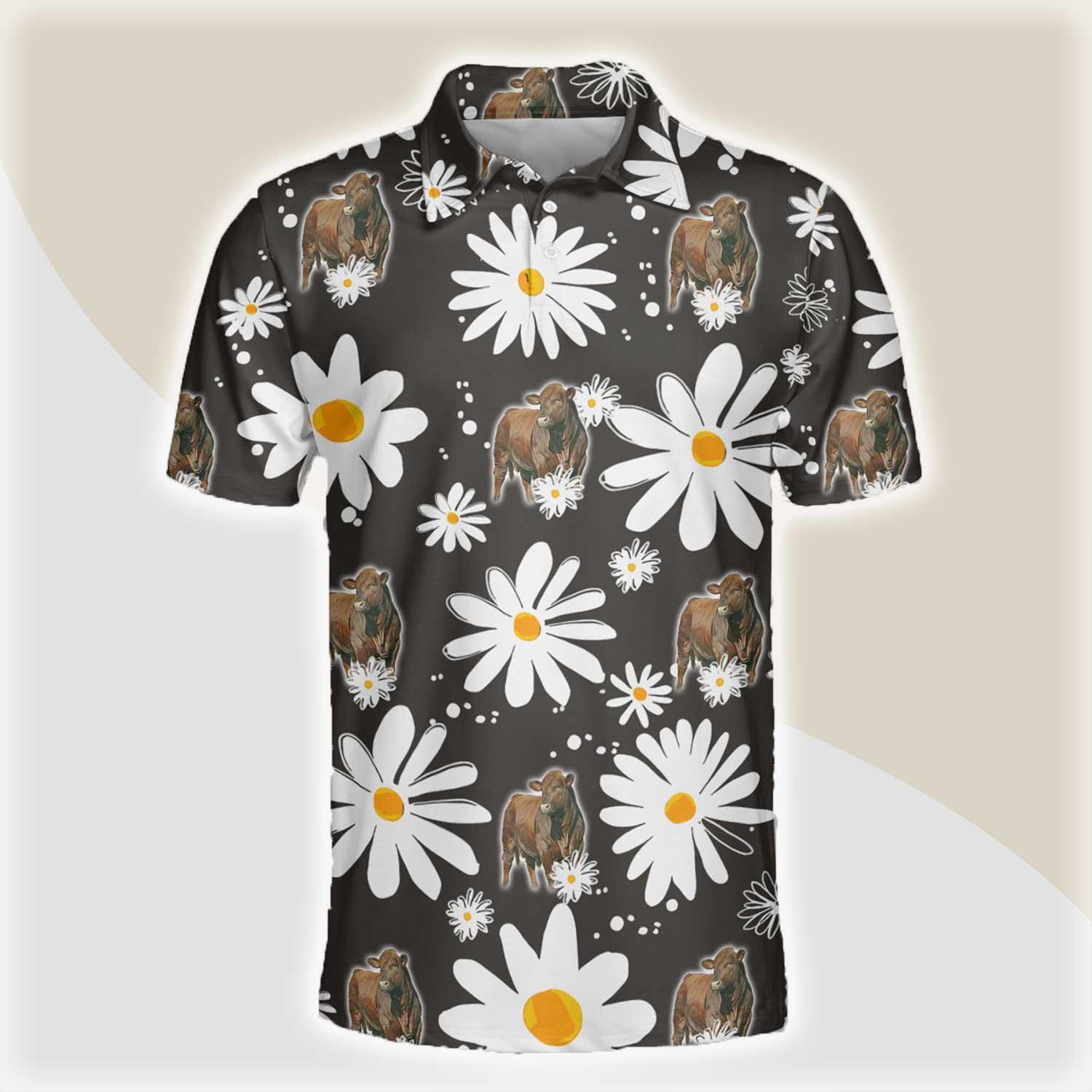 Beefmaster Men Polo Shirts - Beefmaster Daisy Flower Pattern Button Shirts For Men - Perfect Gift For Beefmaster Lovers, Cattle Lovers - Amzanimalsgift